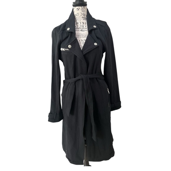 NWT-Chaser Black Long Trench Coat with Wide Lapels and Belt, zipper pockets - Picture 1 of 11